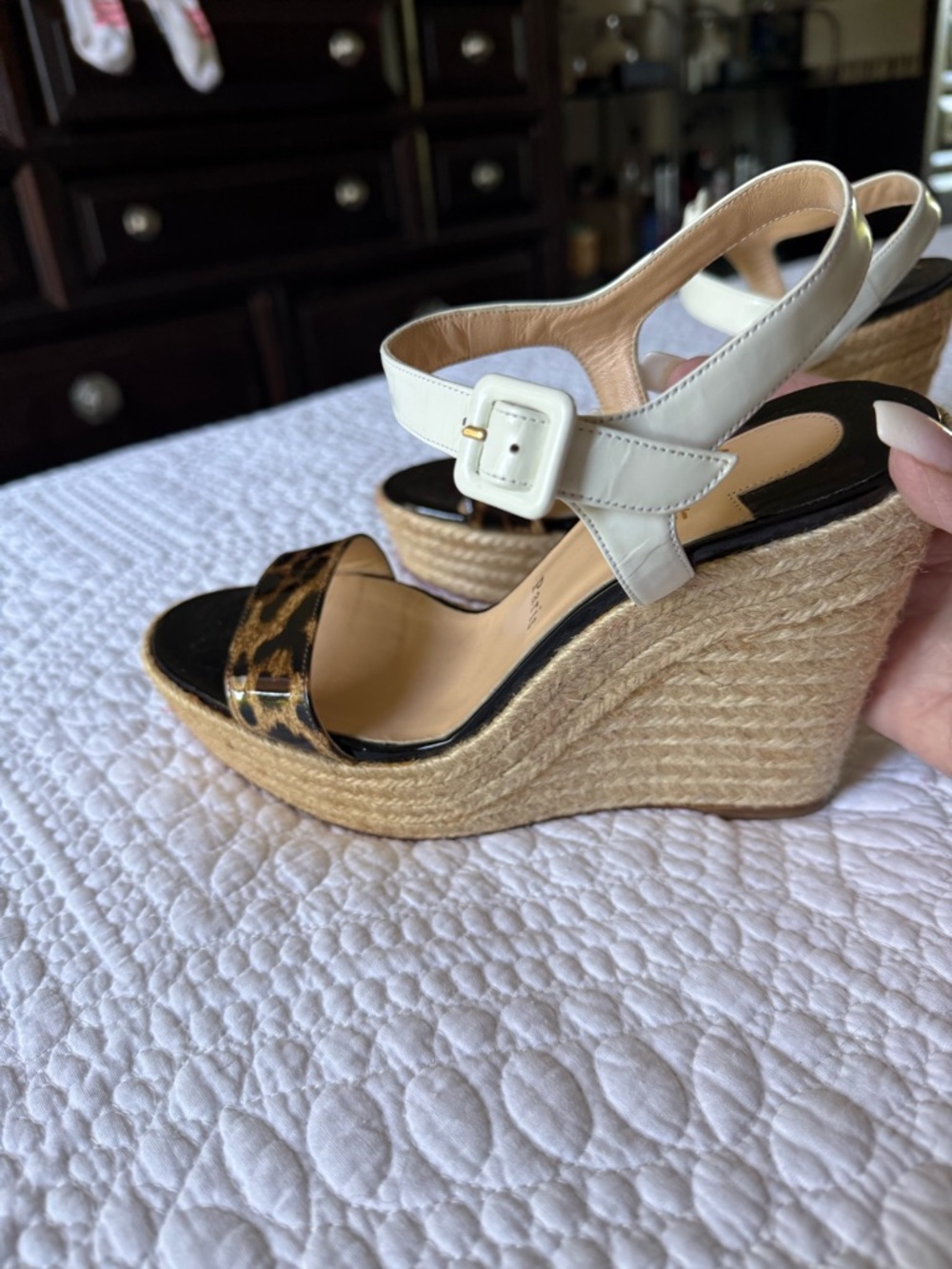 Christian Louboutin White Leather and Leopard Espadrille Wedge Sandals - Picture 3 of 9